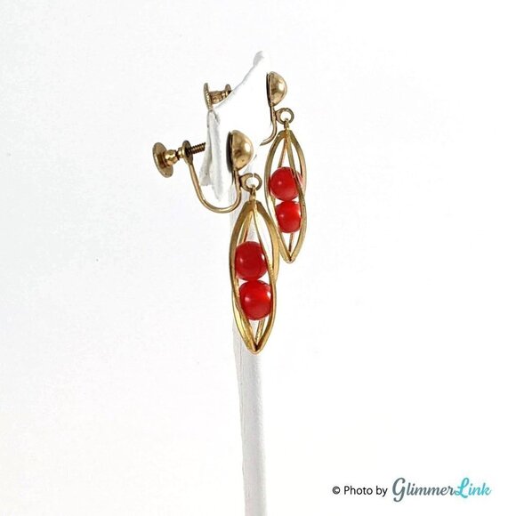 Vintage Twisted Caged Red Beads Screw Back Drop Earrings - Picture 2 of 7